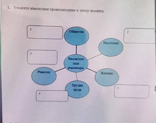 1. Укажите изменения произошедшие в эпоху неолита. 1Общесно2Население5HeaureрсатоциРемеслаЖенитеОруд