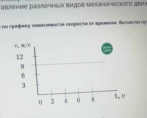 Определи вид движения по графику зависимости скорости от времени. Вычисли путь, пройденный телом за