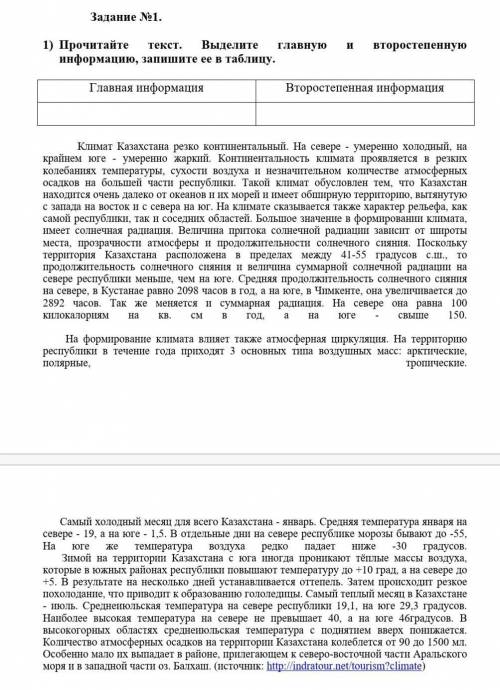 Выделите главную и второстепенную информацию, запишите ее в таблицу. Главная информация- Второстепен