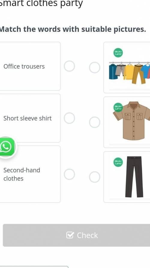 Match the words with suitable pictures. Office trousersShort sleeve shirtSecond-hand clothes￼￼￼BackC