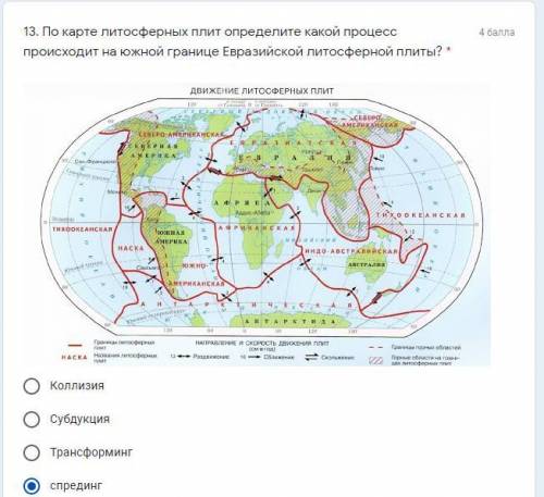 По карте литосферных плит определите какой процесс происходит на южной границе Евразийской литосферн