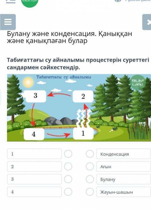 Табиғаттағы су айналымы процестерін суреттегі сандармен сәйкестендір.​