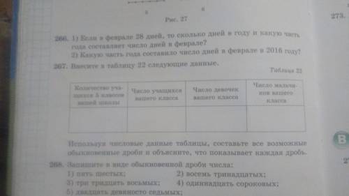 Решить 267. Количество учащихся 5 классов вашей школы-60 Число учащихся вашего класса-21 ч Число дев