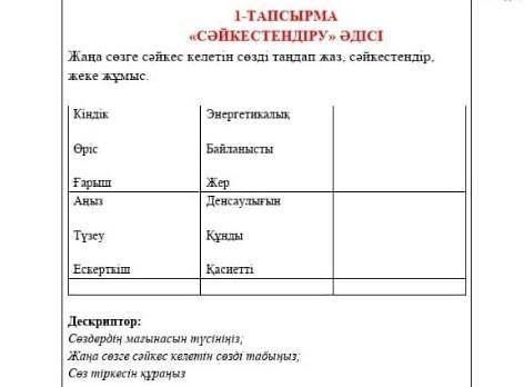 1-ТАПСЫРМА «СӘЙКЕСТЕНДІРУ» ӘДІСІЖаңа сөзге сәйкес келетін сөзді таңдап жаз, сәйкестендір, жеке жұмыс