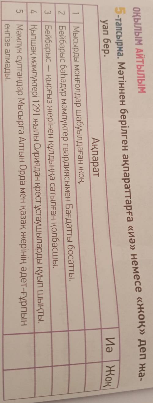 задание мәтіннен берілген ақпараттарға иә немесе жоқ деп жауап бер.