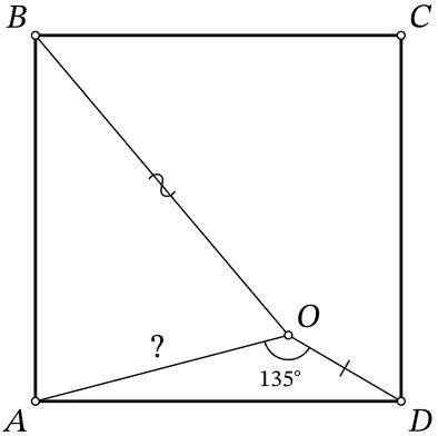 Внутри квадрата ABCD отмечена точка O. Известно, что ∠AOD=135∘, BO=12, DO=4. Найдите AO. Буду очень