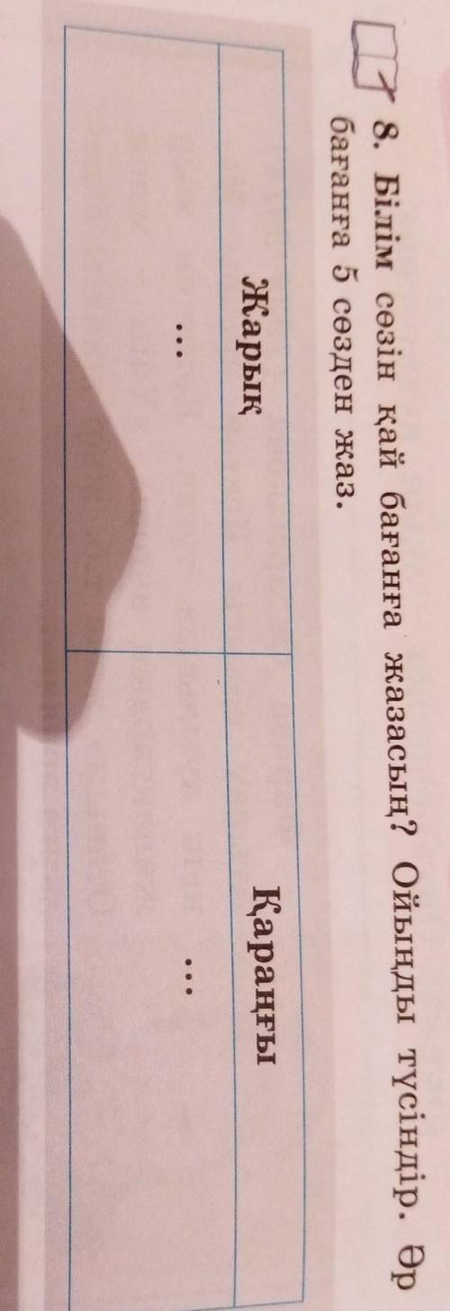 П1 8. Білім сөзін қай бағанға жазасың? Ойыңды түсіндір. Әр бағанға 5 сөзден жаз.ЖарықҚараңғыДостар т