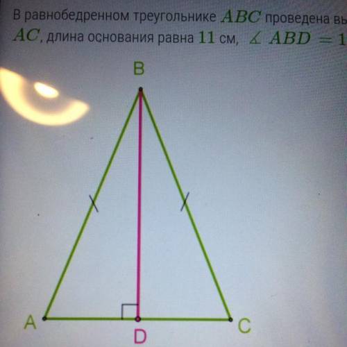 В равнобедренном треугольнике ABC проведена высота к основанию AC, длина основания 11 см, угол ABD=