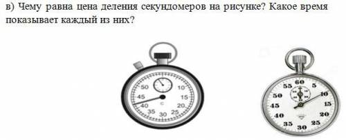 В) Чему равна цена деления секундомеров на рисунке? Какое время показывает каждый из них?