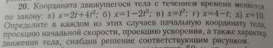 Координата движущегося тела с течением времени меняется по закону: а) x=2t+4^2; б) х=1-2t^2; в) x=t^