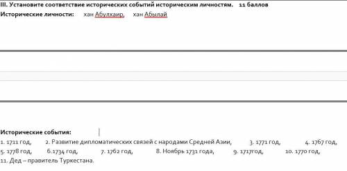 III. Установите соответствие исторических событий историческим личностям. Исторические личности: хан