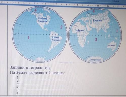 Запиши в тетради так: На Земле выделяют 4 океана:1.2.3.4.