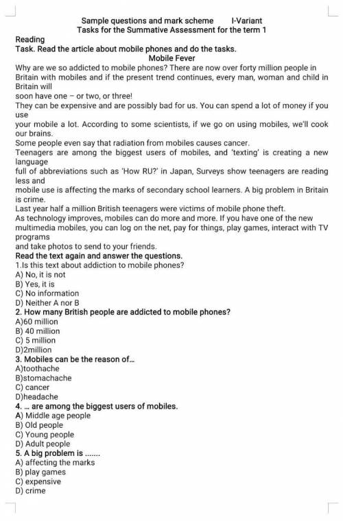 Sample questions and mark scheme tasks for the summative assessment for the term 1