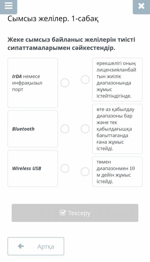 Жеке сымсыз байланыс желілерін тиісті сипаттамаларымен сәйкестендір.информатика​