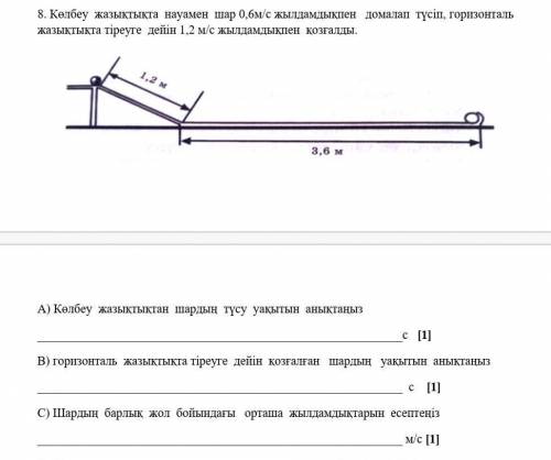 Көлбеу жазықтықта науамен шар 0,6м/с жылдамдықпен домалап түсіп, горизонталь жазықтықта тіреуге дейі