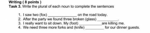 Writing ( 8 points) Task 3. Write the plural of each noun to complete the sentences 1. I saw two (fo