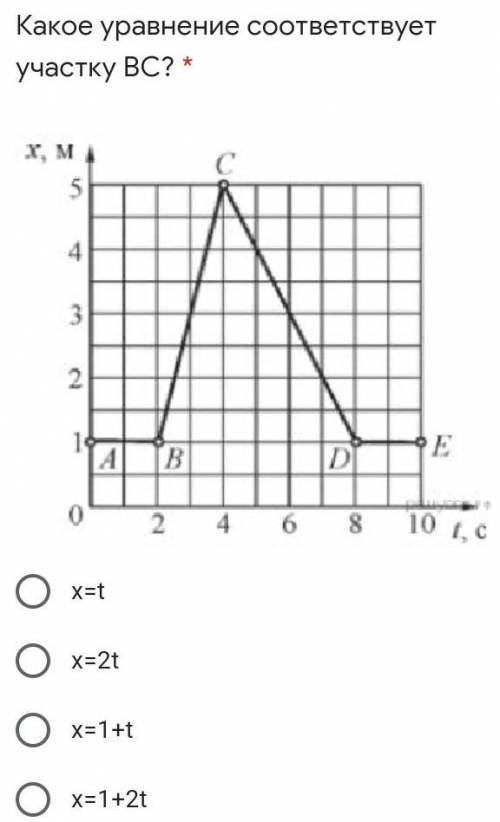 Какое уравнение соответствует участку ВС? * х=tx=2tx=1+tx=1+2t​