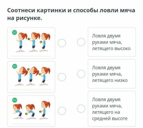 Соотнеси картинки и ловли мяча на рисунке. ￼￼￼Ловля двумя руками мяча, летящего высокоЛовля двумя ру