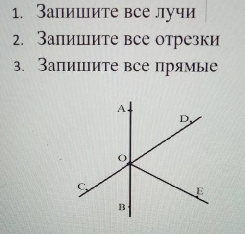 нужен ответ на вопрос (( 1. Запишите все лучи2. Запишите все отрезки3. Запишите все прямые​