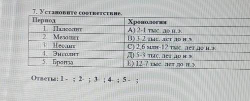 7. Установите соответствие. Период1. Палеолит2. Мезолит3. Неолит4. Энеолит5. БронзаХронологияА) 2-1