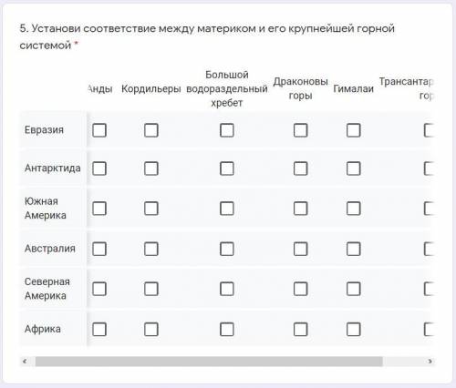 Установи соответствие между материком и его крупнейшей горной системой.