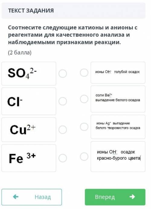 Соотнесите следующие катионы и анионы с агентами для качественного анализа и наблюдаемыми признаками