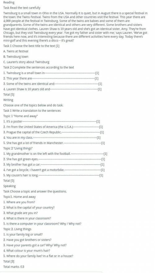 Sample questions and mark scheme Tasks for the Summative Assessment for the term 1 Reading Task Read