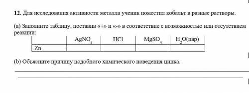 Для исследования активности металла ученик поместил кобальт в разные растворы. (а) Заполните таблицу