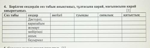 4. Берілген сөздердің сөз табын анықтаңыз, тұлғасына қарай, мағынасына қарай ажыратыңыз.[1]Сөз табы