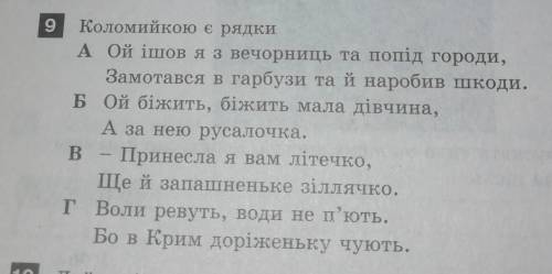 9 Коломийкою є рядкиА Ой ішов яз вечорниць та попід городи,Замотався в гарбузи та й наробив шкоди.Б
