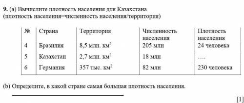 9. (a) Вычислите плотность населения для Казахстана (плотность населения=численность населения/терри