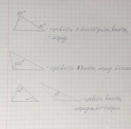 60° 30°- провести 3 бессектрисы,высоты и медианы 120°- провести высоты,медианы,бессектриссы45° 45°-