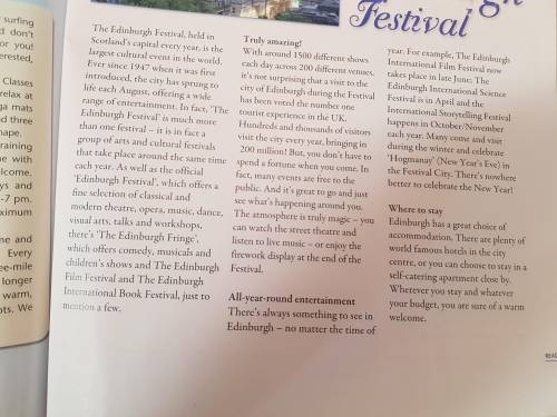Look at the statements below about the Edinburgh Festival. Read the text and decide if cach statemen