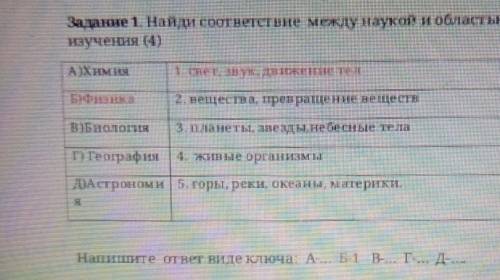 Задание 1. Найди соответствие между наукой и областью научения (4)А)Химия1 нет, нук. дн иржение гелБ