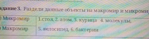 Раздели данные объекты на макромир и микромир, стол, атом,курица,молекулы,велосипед,бактерии.​