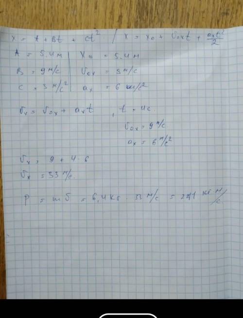 1)Кинематический закон движения материальной точки имеет вид x=A+Bt+Ct2, где A = 8,7 м, B= 1 м/с, C=