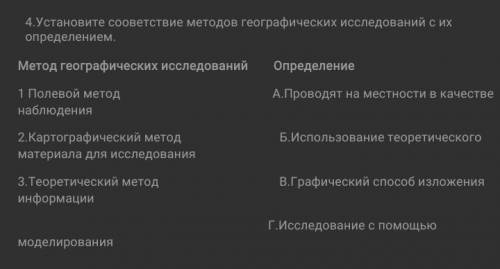 Установите соответствие методов географических иследований с их определением ​