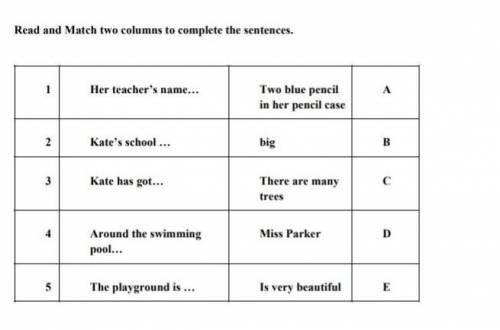 Read and Match two columns to complete the sentences. 1 Her teacher’s name… Two blue pencilin her pe