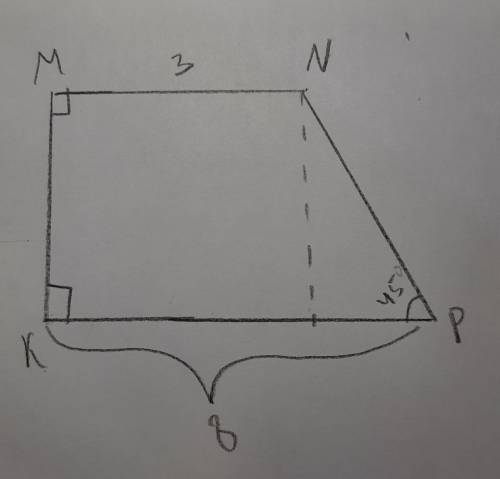 Дано: KMNP-трапеция , MN||KP ,угол K=M=90° , MN=3см , KP=8см , P=45°Найти: MK​