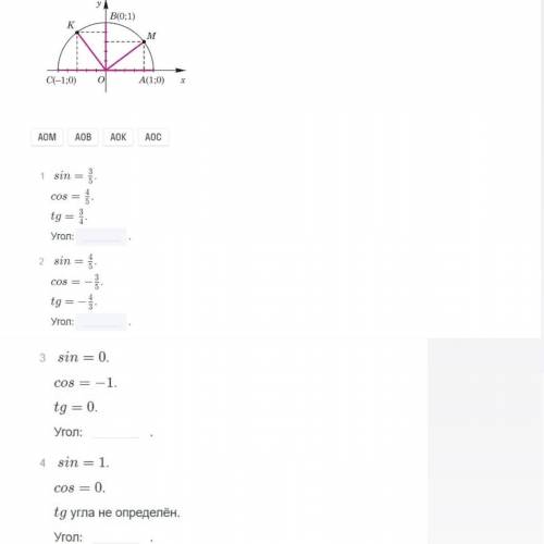 Основываясь на данных с картинки, соотнеси названные углы с соответствующими им cos,sin и tg