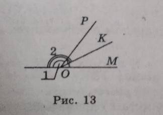 OK — бісектриса кута POM (рис.13), ∠1 = 120°. Знайдіть ∠2