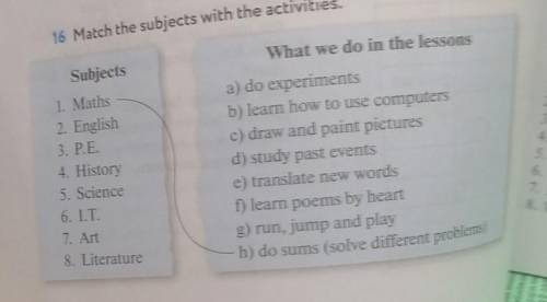 16 Match the subjects with the activities. future.Subjects1. Maths2. English3. P.E.4. History5. Scie