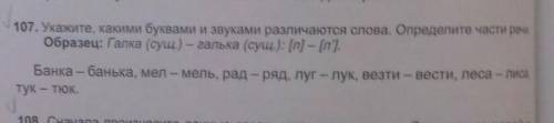 Русский язык упр 107 Укажите , каками буквами и звуками различаються слова . Определите части речи.