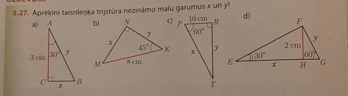 Найти неизвестные стороны (x, y) в данных прямоугольных треугольниках откликнутся. ​