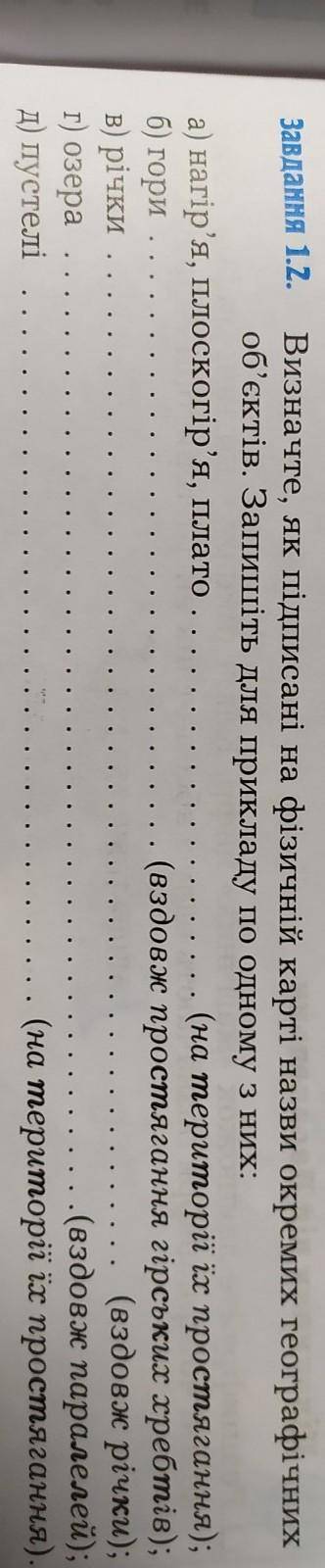 Визначте, як підписані на фізичній карті назви окремих географічних об'єктів. Запишіть для прикладу