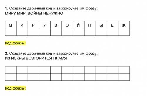 1. Создайте двоичный код и закодируйте им фразу: МИРУ МИР, ВОЙНЫ НЕНУЖНО 2. Создайте двоичный код и