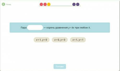 Пара ... - корень уравнения y=kx при любом k