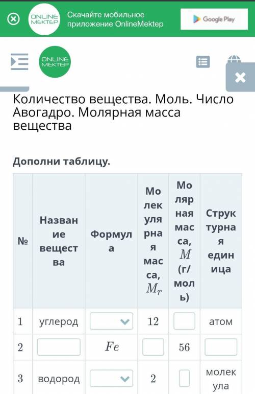 Количество вещества. Моль. Число Авогадро. Молярная масса вещества Дополни таблицу.№Название веществ