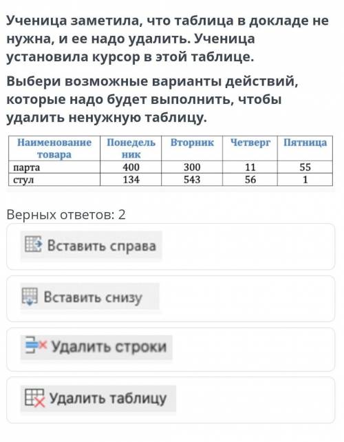 Ученица заметила, что в набранной таблице добавила лишнюю строку. Выбери возможные варианты действий