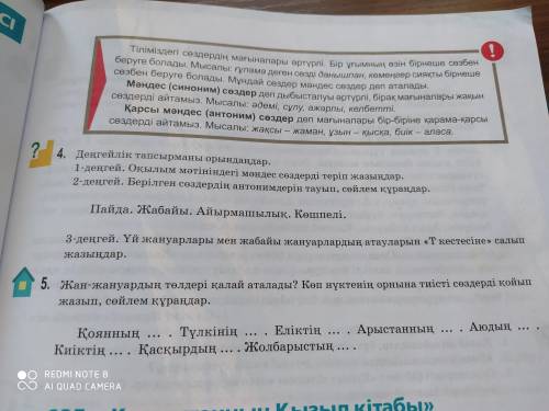 4,5 тапсырманы орындап жіберіңдерші. 1-деңгей. Оқылым мәтіндегі мәндес сөздерді тауып жазыңдар. 2-де